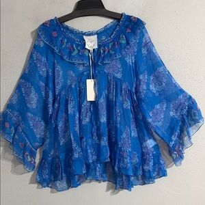 NWT 100%SILK Johnny Was Jade Blue Floral Ruffled Peasant Blouse